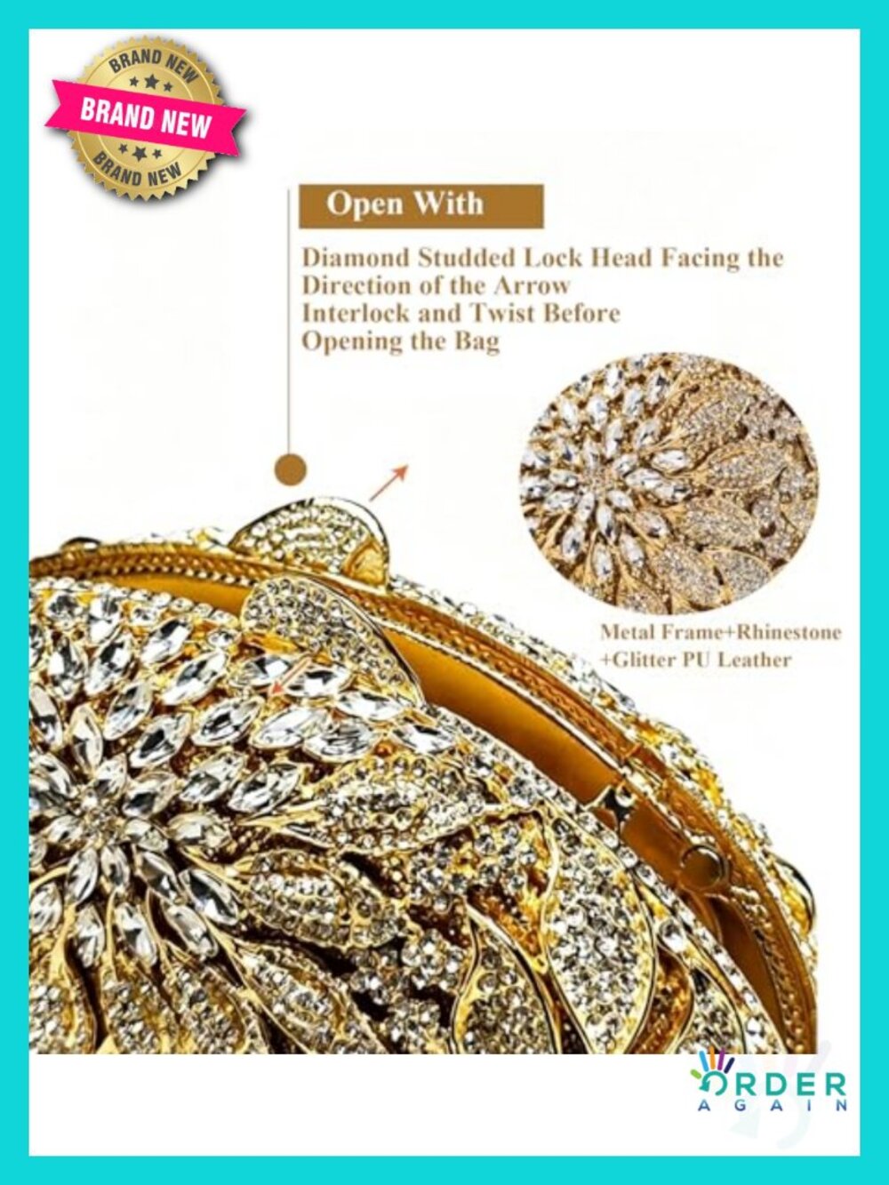 Luxury Handcrafted Rhinestone Clutch Purse Evening Bag Crystal Bridal Prom - Picture 6 of 6